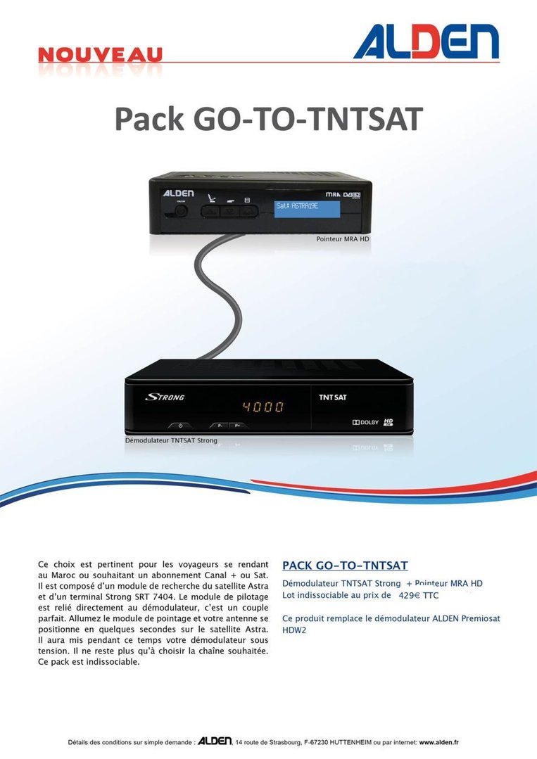 Pointeur MRA HD Astra pour parabole automatique PACK Alden Décodeur STRONG TNTSAT HD 